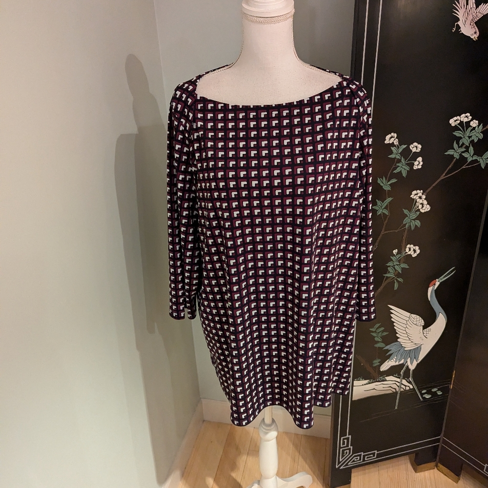Talbots Womens 2X Foldover Shoulder Detail  Blouse Top Geometric Red Black 105